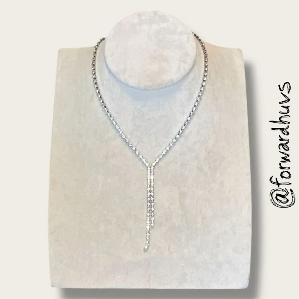 AVON Rhinestone Y-Necklace – Silver Tone – Double Strand Drop